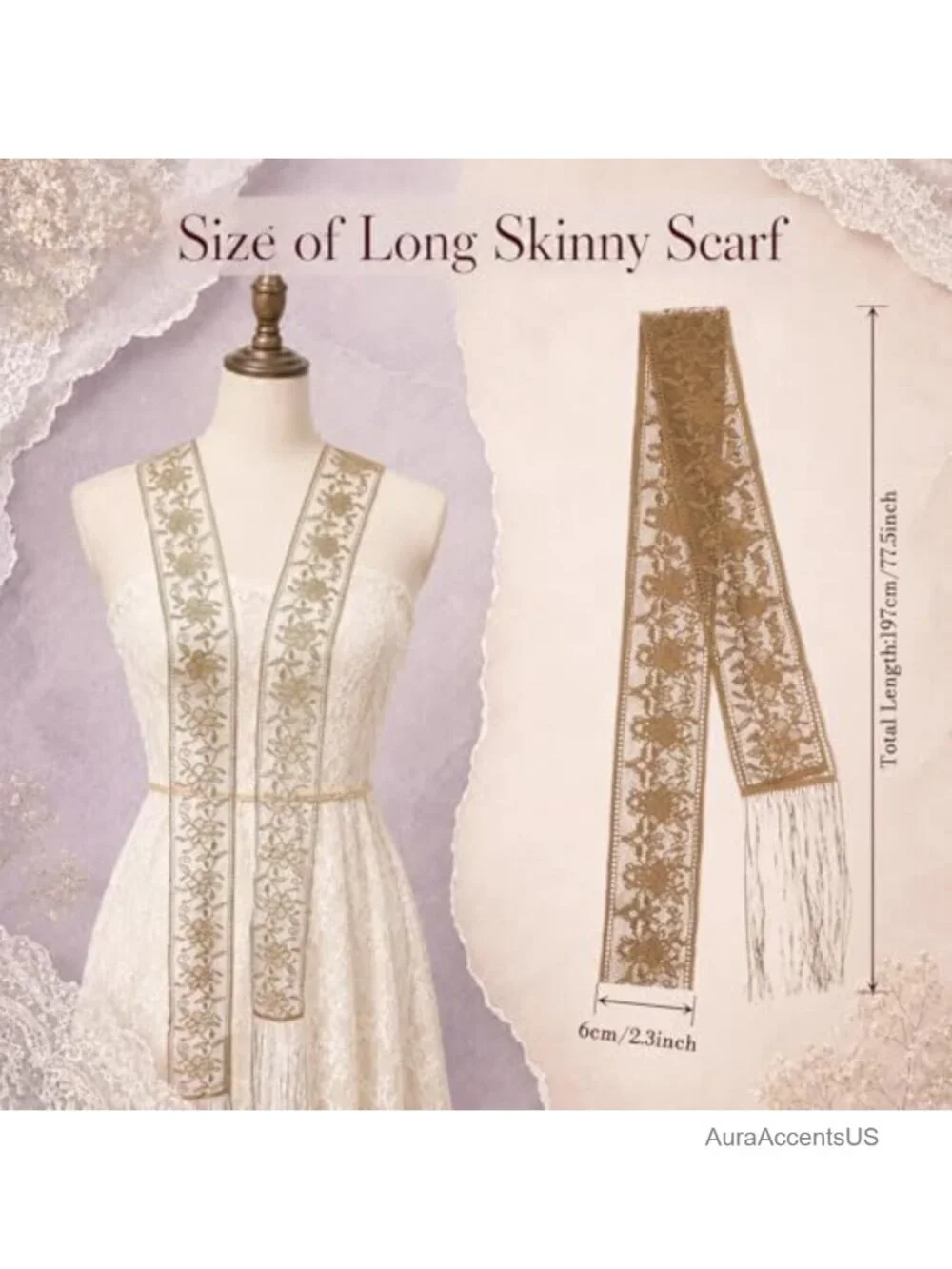 Lightweight Lace Mesh Skinny Scarf with Tassel Fringe